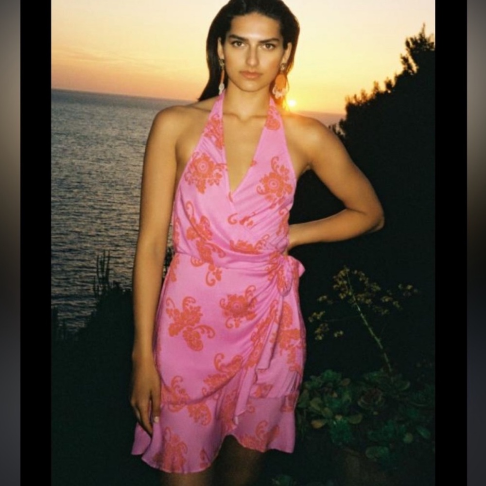 NWT Anthropologie Halter Wrap Mini Dress Pink Red